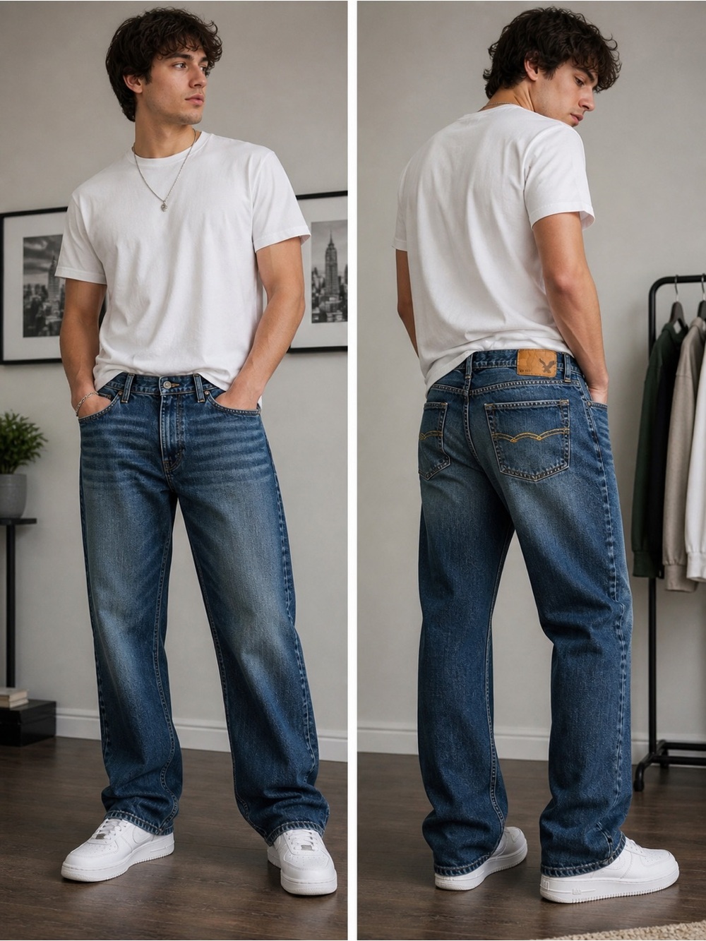 Y2K Baggy AE Men Jeans 34x32 Distressed Streetwear Straight Fit